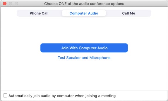 Zoom audio conference options with the Test Speaker and Microphone link