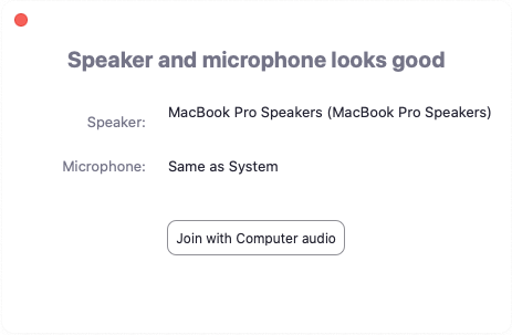 Zoom confirmation that speaker and microphone look good, with the Join with Computer audio button