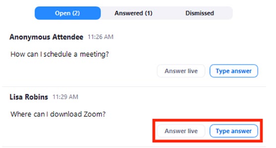 Zoom Q&A panel with open questions and the Answer live and Type answer buttons