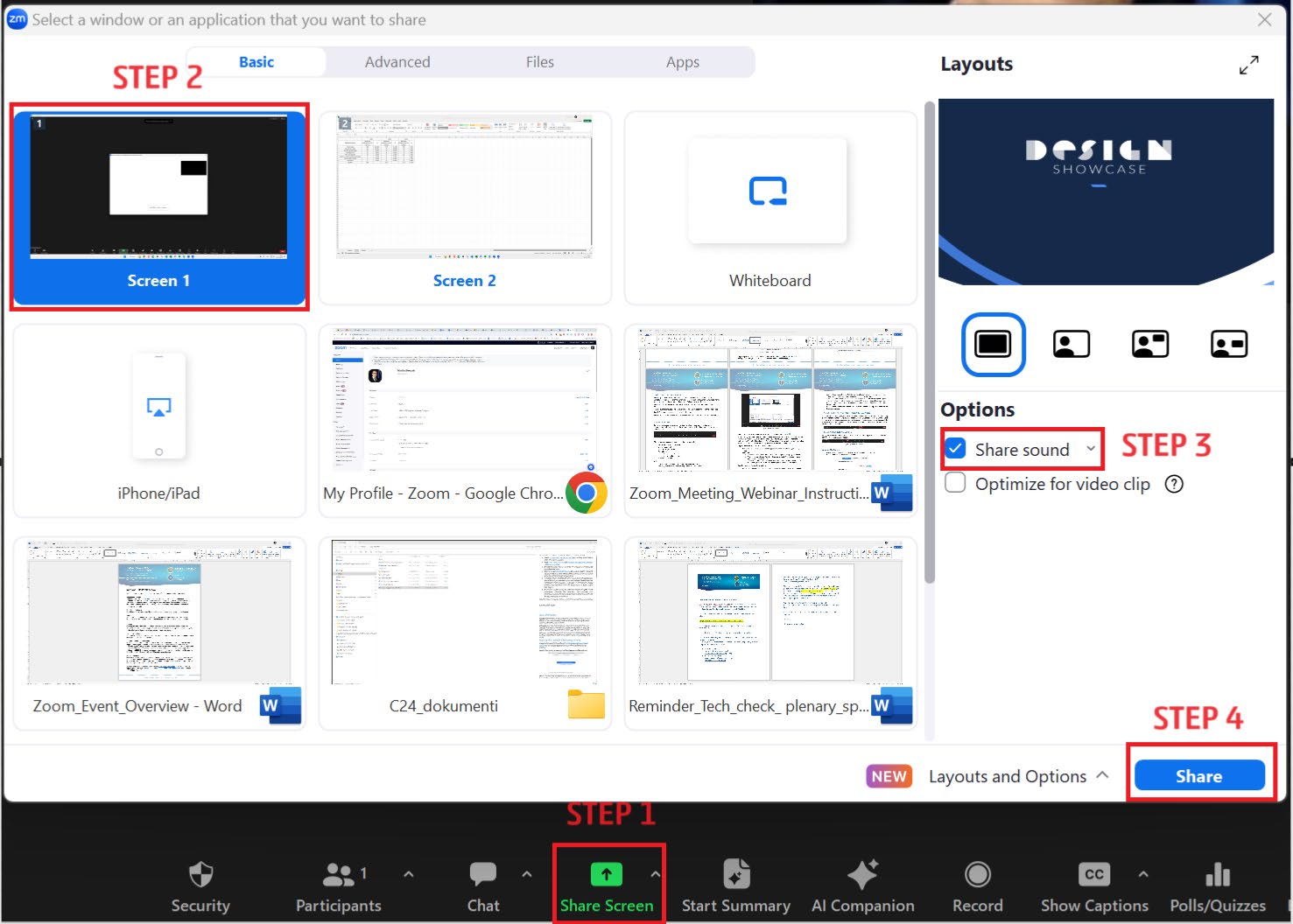 Zoom screen share window showing the available screens, applications and options