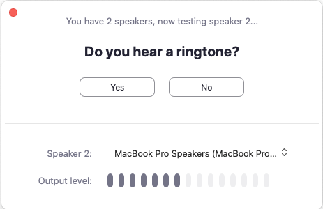 Zoom speaker test dialog asking Do you hear a ringtone?